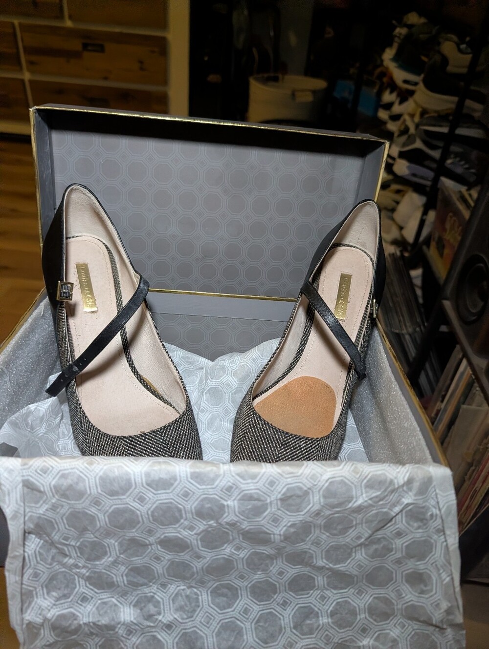 Louise et Cie Tan Tweed Mary Jane Heels with Black Strap